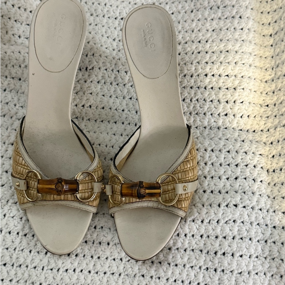 Gucci Cream and Tan Mules with Modern X-Strap Design